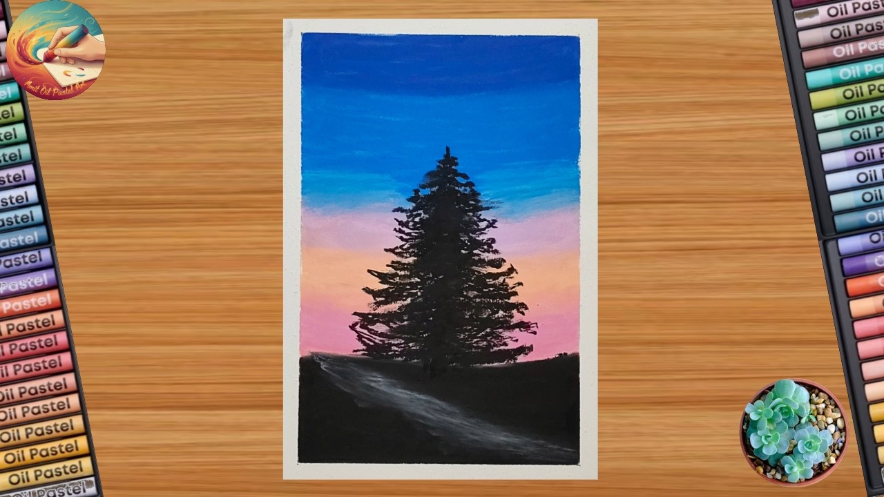 Beautiful Sunset Tree Oil Pastel Drawing | Easy Scenery Art for Beginners