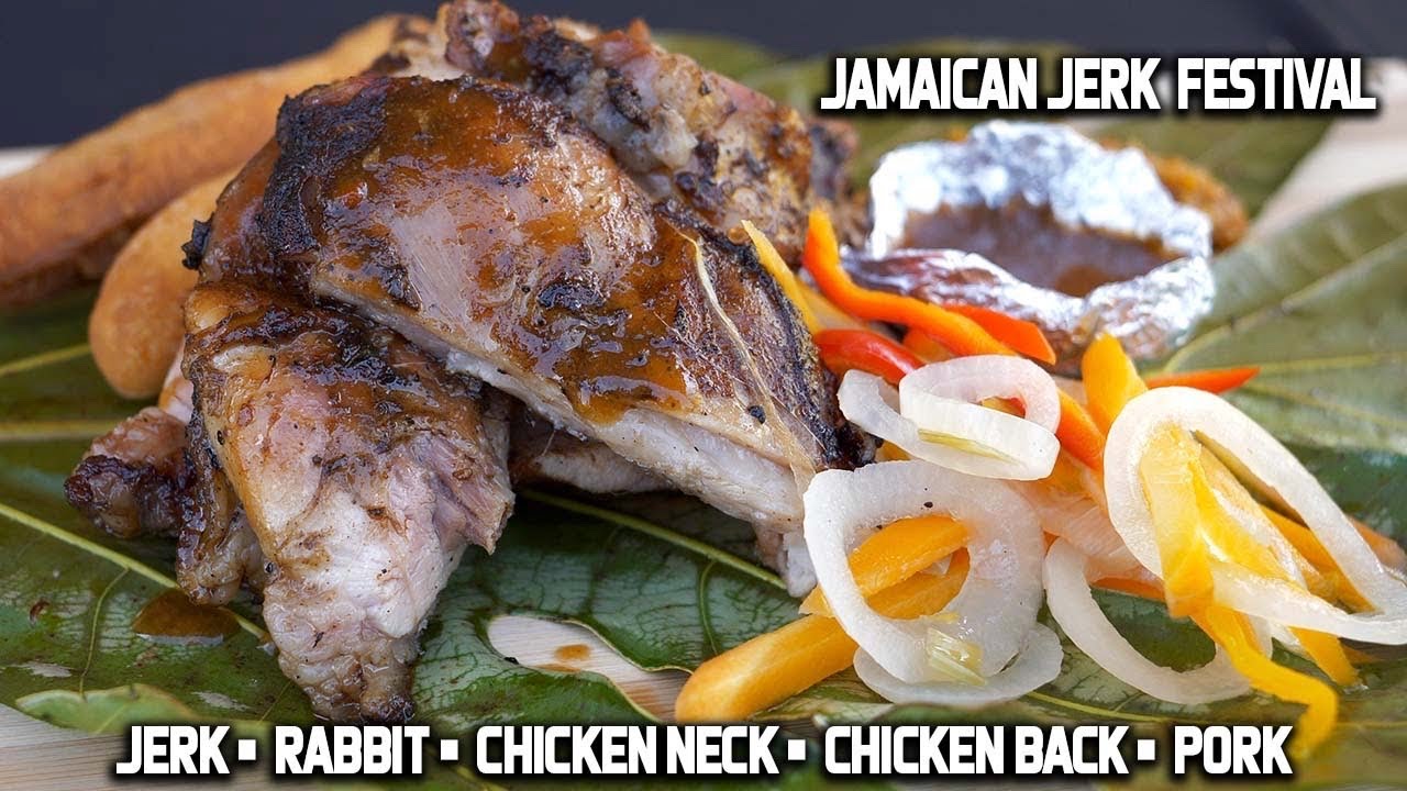 EATING JERK RABBIT AT JAMAICA JERK FESTIVAL [JERK RABBIT • JERK PORK • JERK CHICKEN NECK AND BACK]