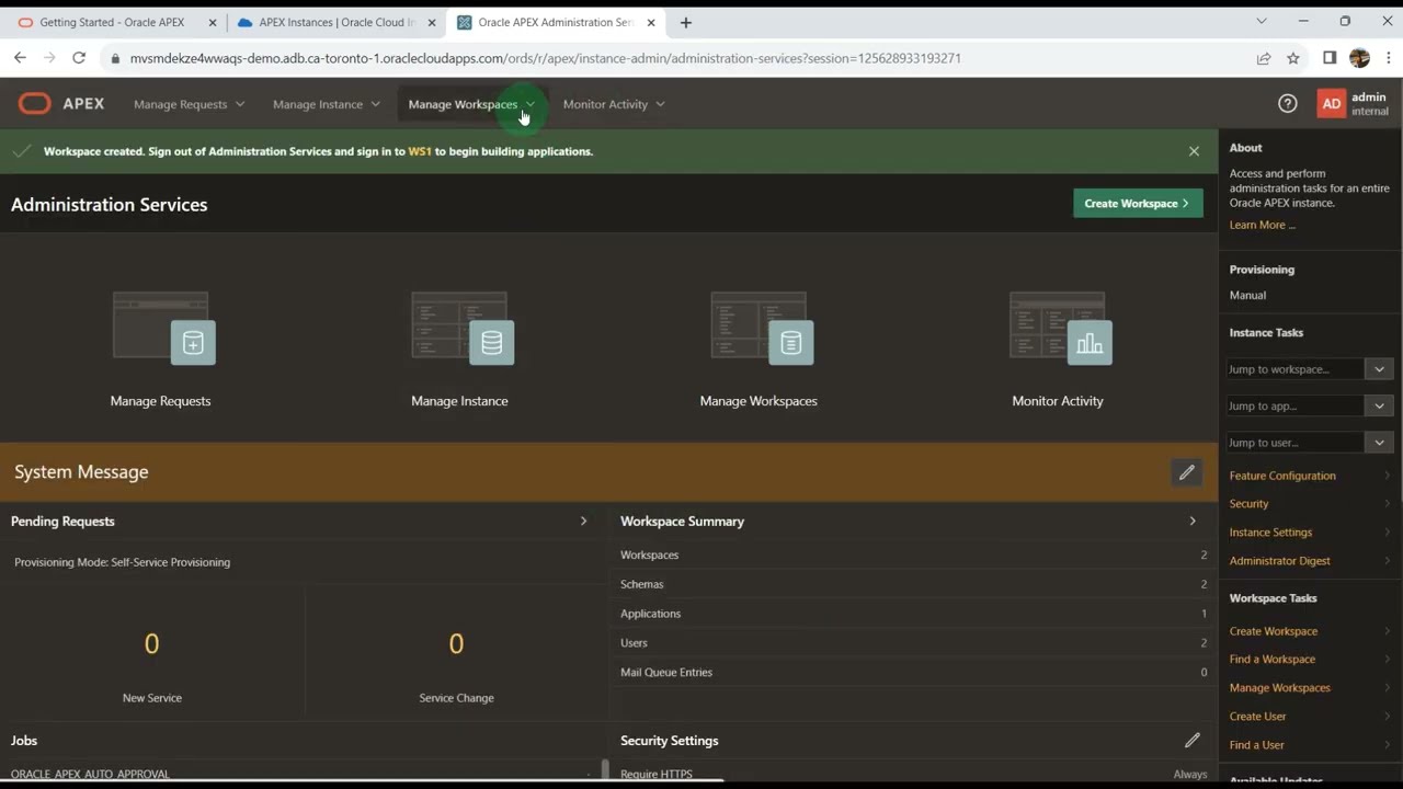 Рабочее пространство в Oracle APEX