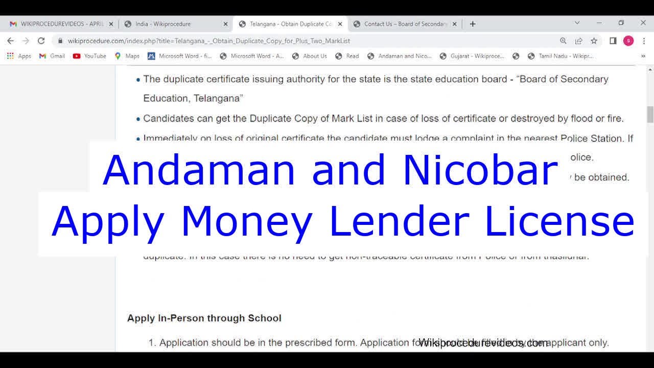 Andaman and Nicobar - Apply for Money Lender Licence (Online)