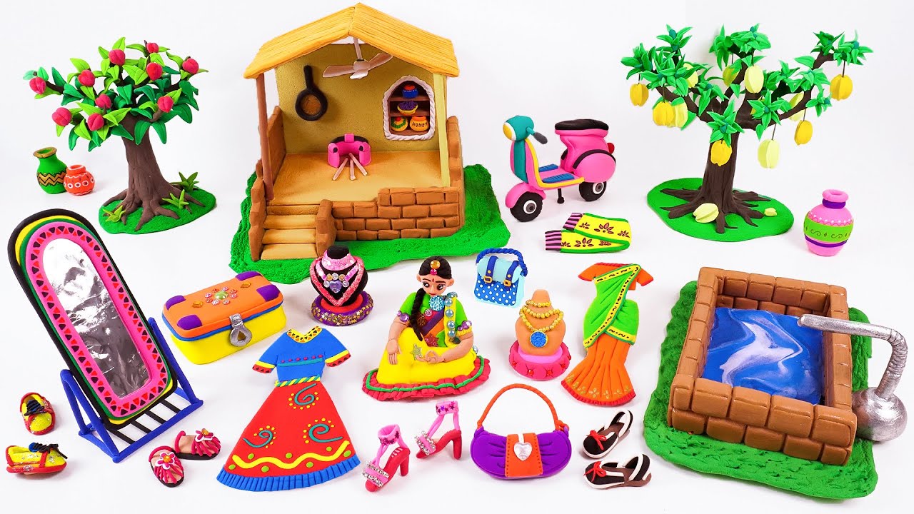 DIY How to Make Polymer Clay Miniature Kitchen Set, Dress, Footwear, Motobike, Wells, Tree
