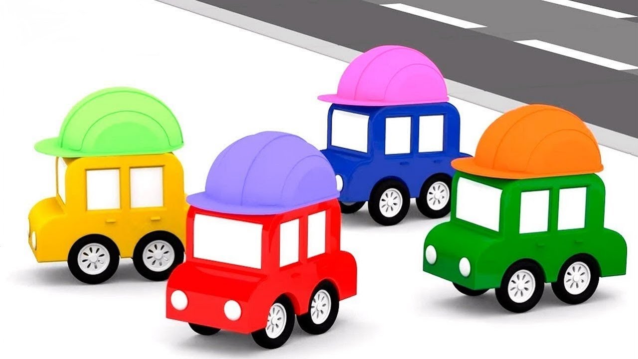 4 coches coloreados aprenden profesiones. Dibujos animados.