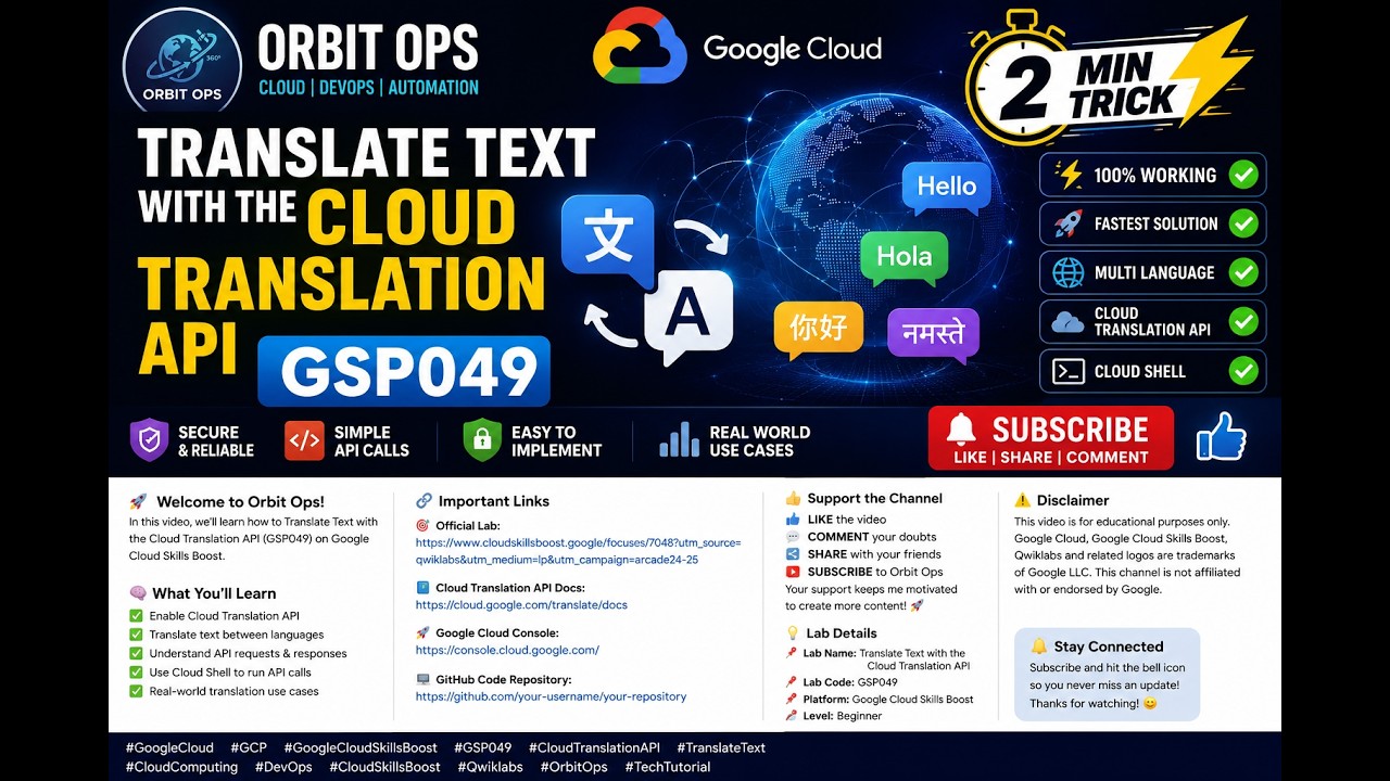 GSP049 | Translate Text with the Cloud Translation API || 2 Minute Trick! || #OrbitOps #qwiklabs