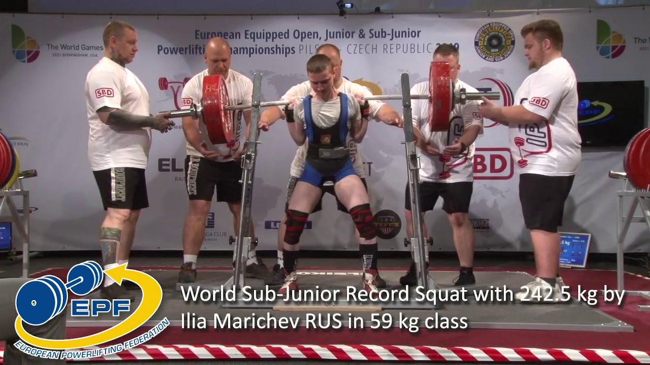 World Sub-Junior Record Squat with 242.5 kg by Ilia Marichev RUS in 59 kg class