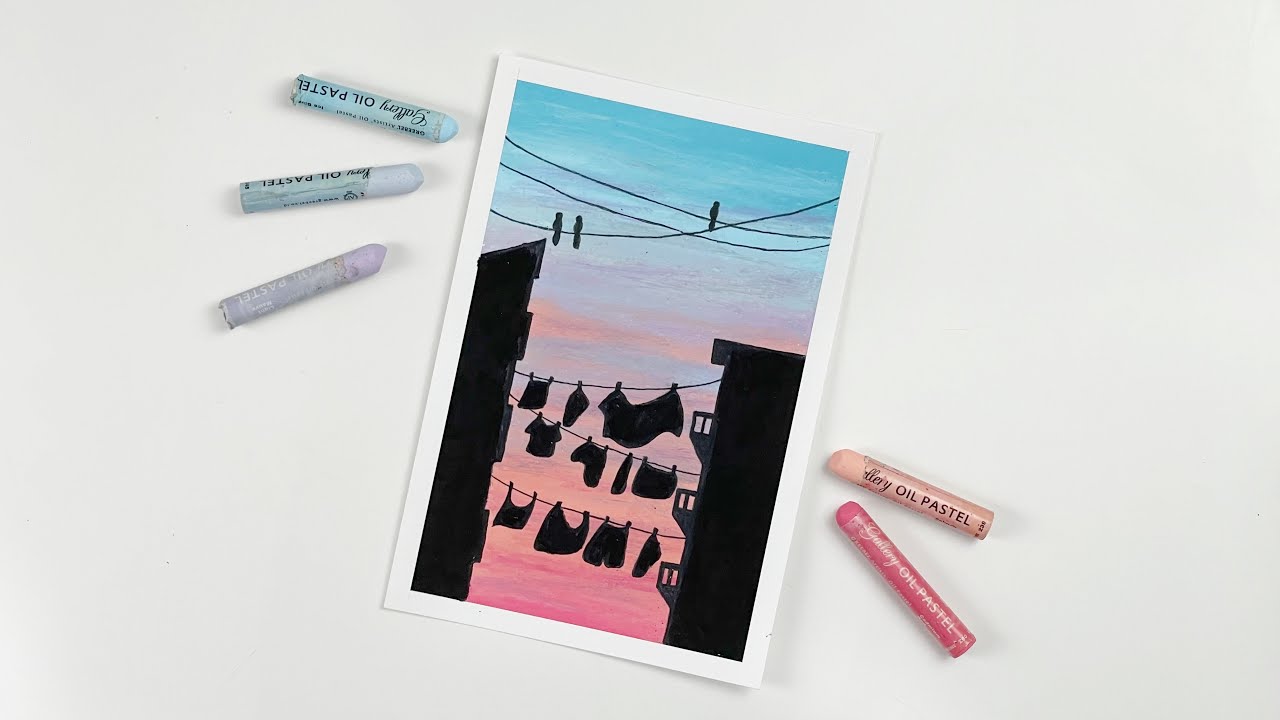 menggambar dan mewarnai pemandangan sunset kota