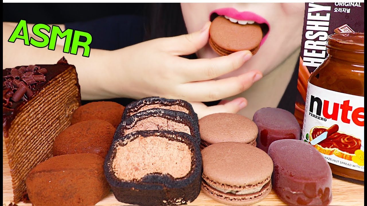 ASMR NUTELLA CHOCOLATE ICE CREAM, CREPE CAKE, MOCHI, MACARON 누텔라 초콜릿 아이스크림, 크레이프 케이크, 모찌, 마카롱 먹방