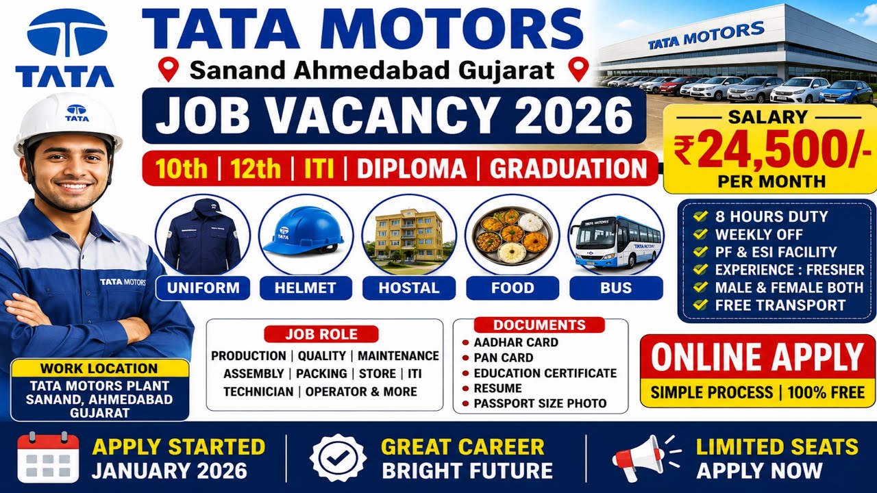 Tata Motors Sanand Ahmedabad Gujarat Job Vacancy 2026 | Tata Motors Limited Jobs Vacancy 2026