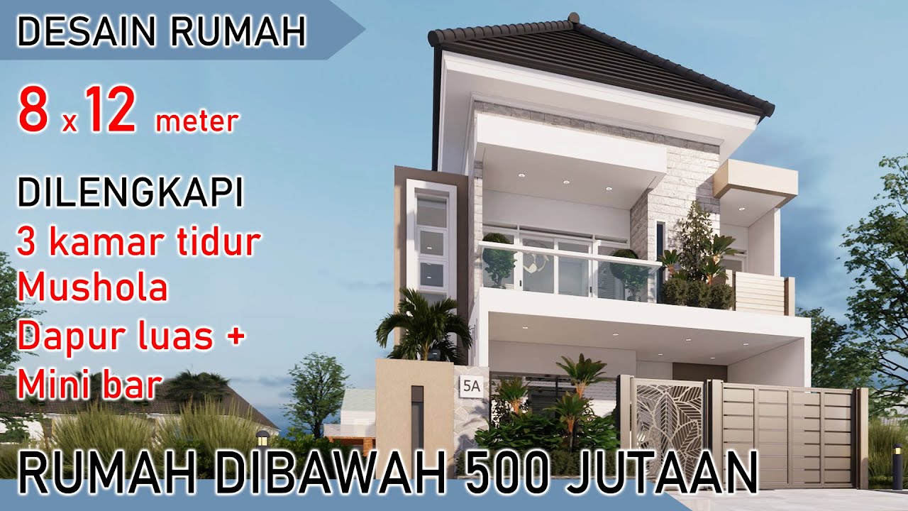 Desain rumah 8x12 m 3 kamar tidur fasilitas mushola dan mini bar