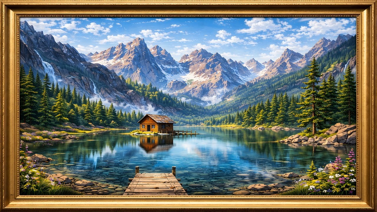 Peaceful Alpine Lake Cabin 4K Art for TV (No Sound)