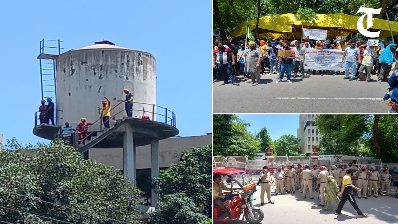 Punjab&rsquo;s Apprenticeship Lineman Union hold protest on top of water tank inside PSPCL HQ in Patiala