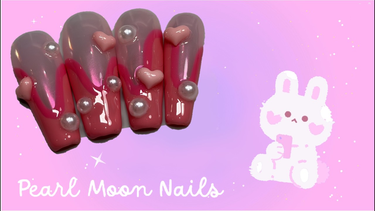 Pink 3D hearts and pearls Valentines Day Nail art 