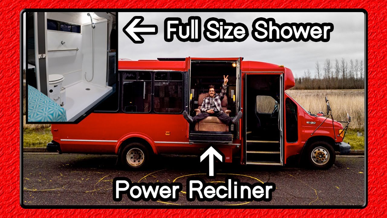 Shuttle bus conversion is a handicap accessible TINY HOME / Huge shower and full size bed