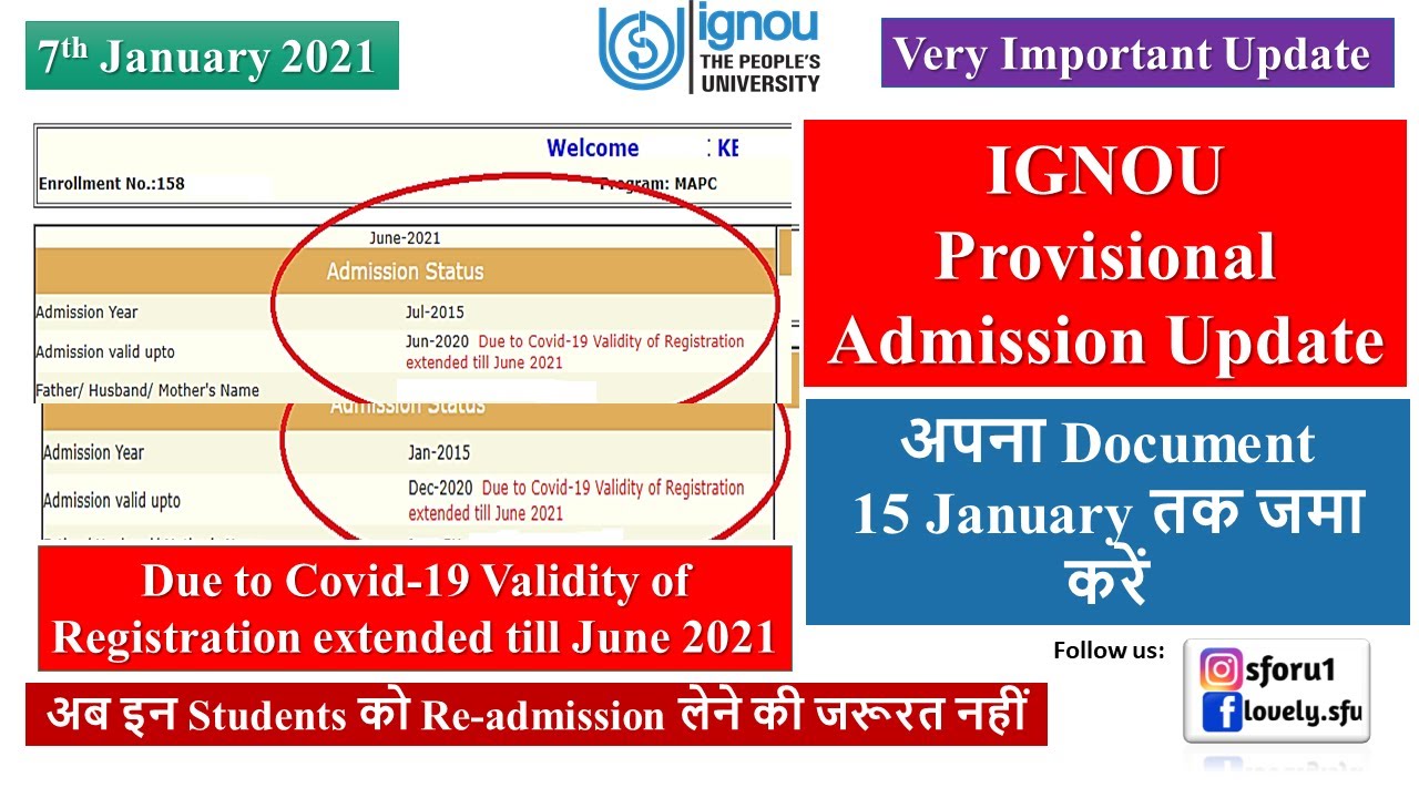 IGNOU Provisional Admission 2020 Document Submission | Admission Duration Extended June & Dec - 2020