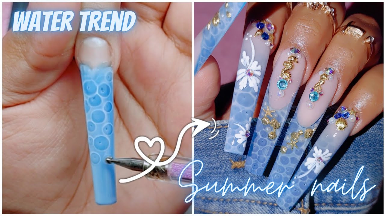 TRYING VIRAL WATER TREND💦✨/ ACRYLIC NAIL TUTORIAL/ COFFIN NAILS/ SUMMER NAILS