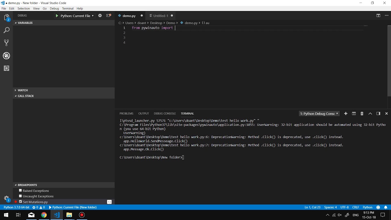 Install pywinauto and demo first demo