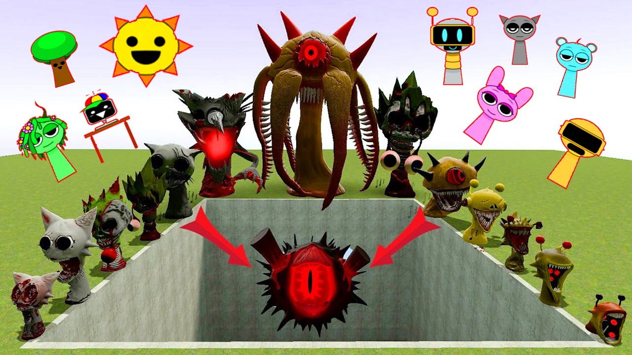 ALL Mr SUN PHASES VS FIRE Mr SUN SPRUNKI PHASE in GIANT HOLE - Garry's Mod!!!