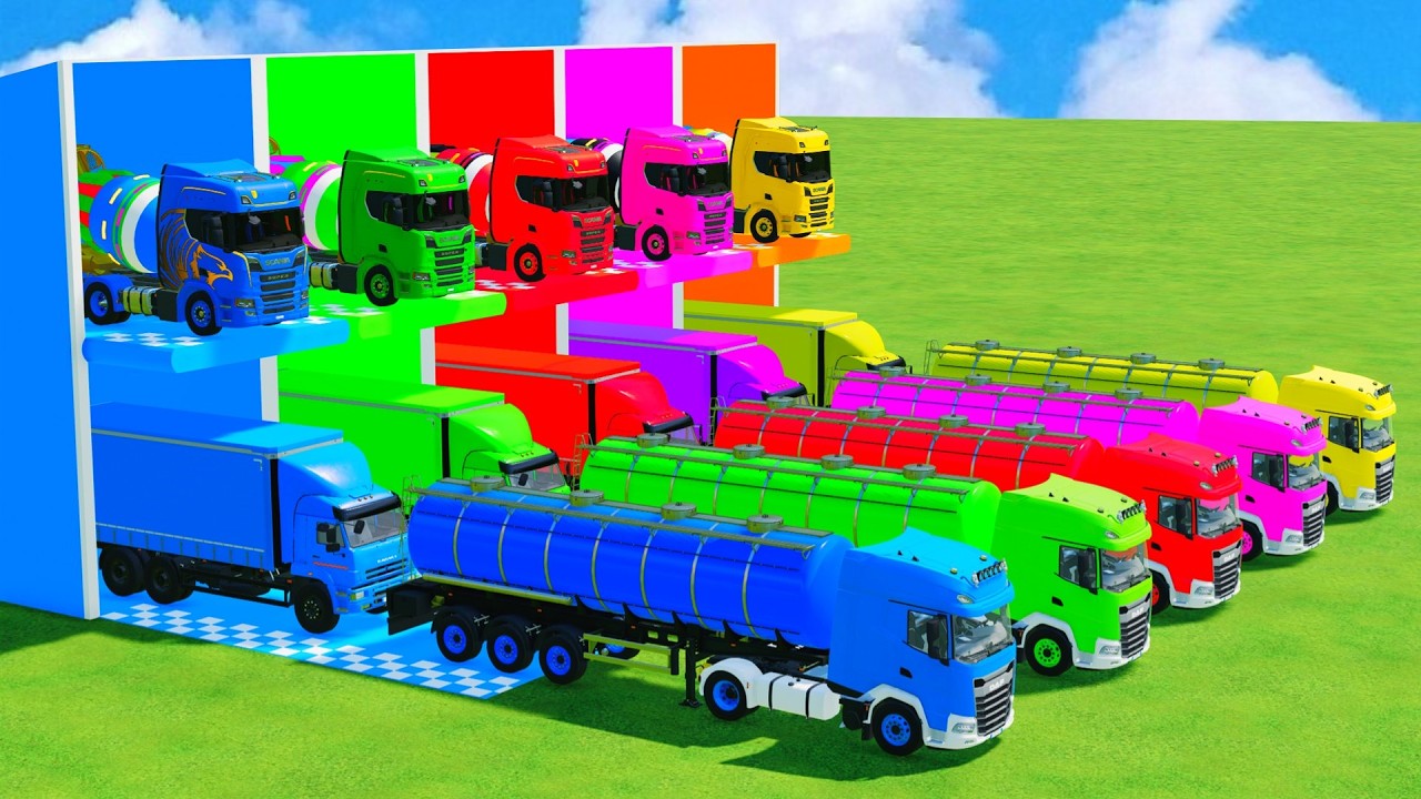 Garage with Colors - ALL MIXER TRUCK WITH DOUBLE FLATBED TRAILER TRUCK, KENWORTH, MERCEDES, SCANIA