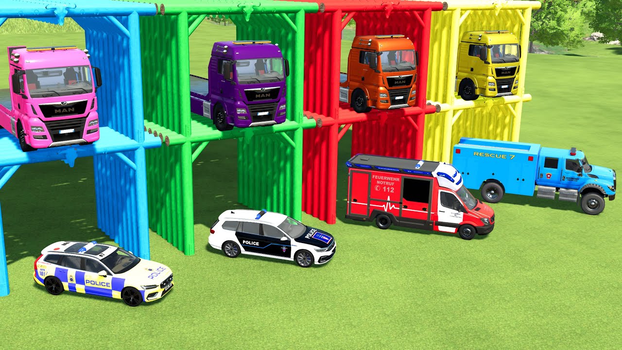 POLICE CAR, AMBULANCE, FIRE DEPARTEMENT TRANSPORTING TO GARAGE | FS22 SIMULATOR 22 | FS22 MODS
