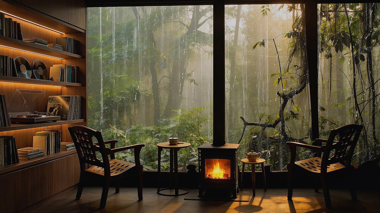 10 Hours Cozy Cabin Ambience | Warm Fireplace & Rain on Window | Gentle Crackling for Sleep & Study
