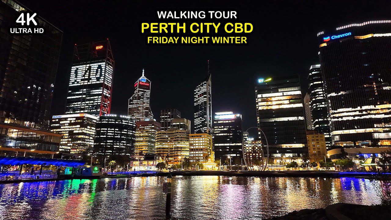 Perth City CBD (Australia), Friday Night Winter, Walking Tour 4K