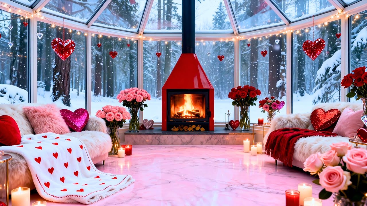 Cozy Romantic Valentine Fireplace 4K 🌹❄️ Snowy Glass Room with Relaxing Piano