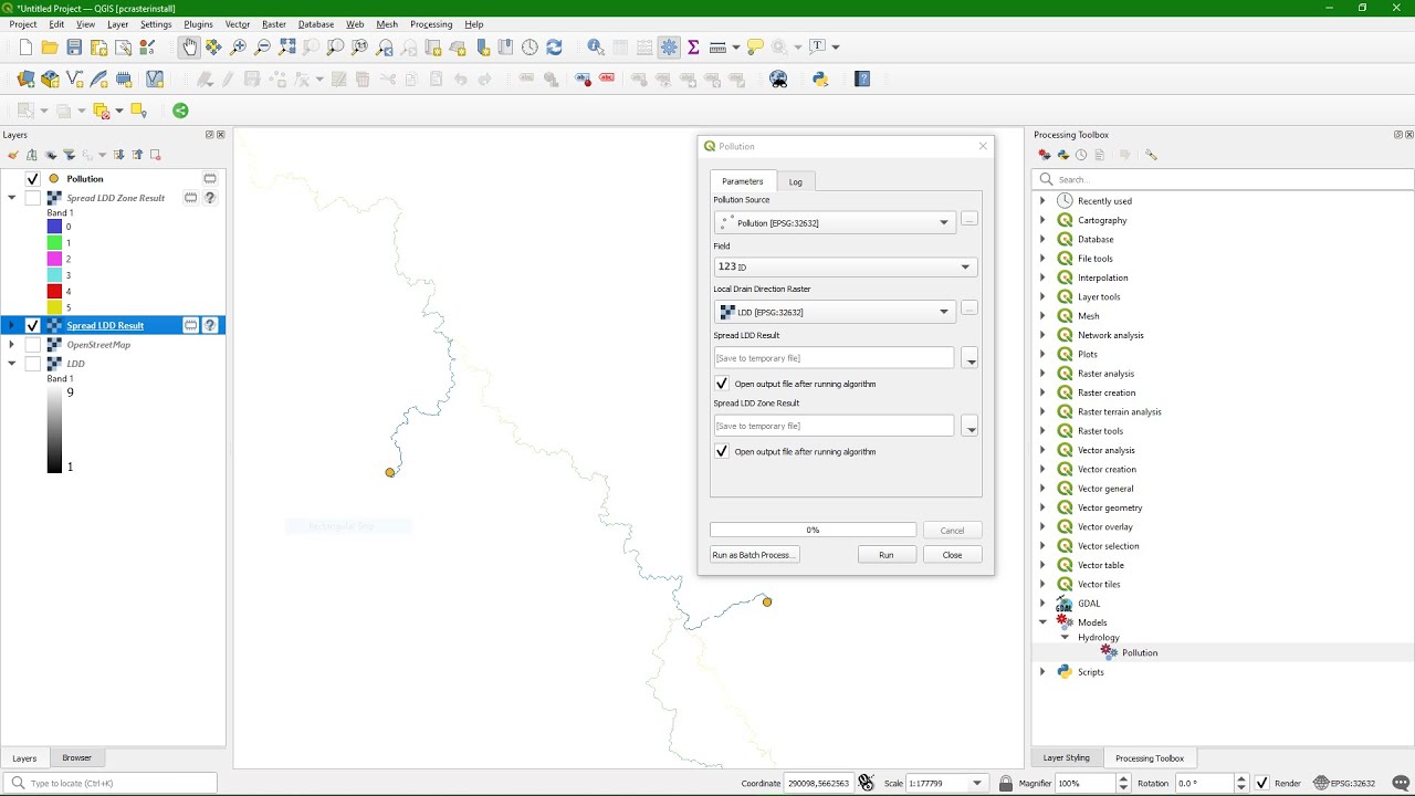 Routing pollution over the flow direction with PCRaster in QGIS