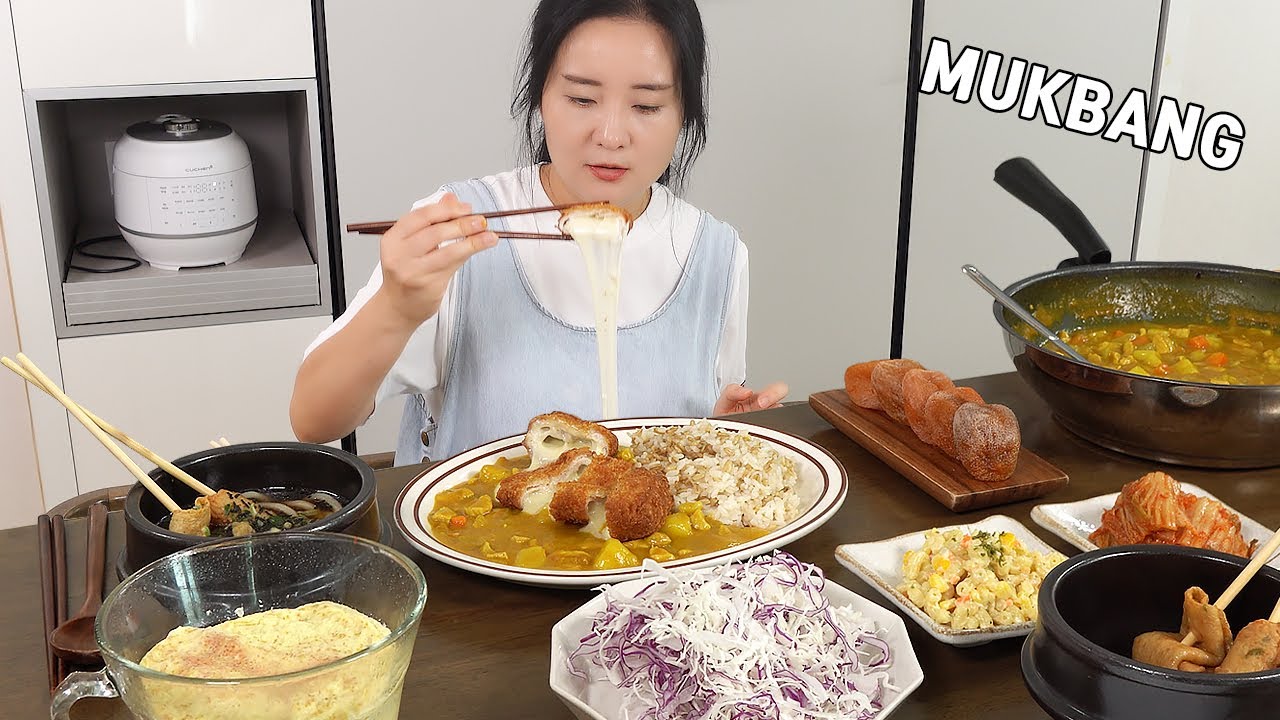 Готовка Mukbang :) Действительно вкусная свиная котлета с рисом и сыром, карри по-корейски.