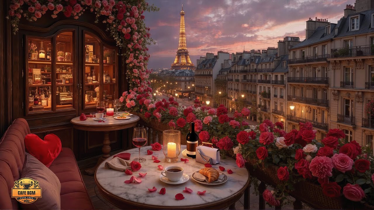 Romantic Valentine Jazz in Paris ☕ Candlelit Balcony Café Ambience for Love, Calm Evenings