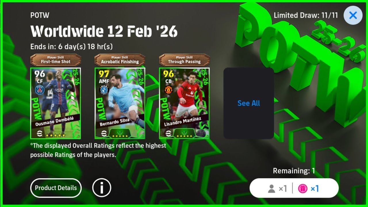 POTW Worldwide 12 Feb '26 Free Spin + 300 Coin Opening : Target Dembele (eFootball 2026 Mobile)