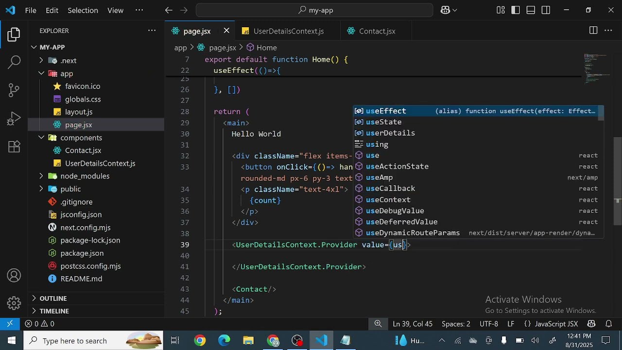 useState, useEffect, useContext, and createContext hooks