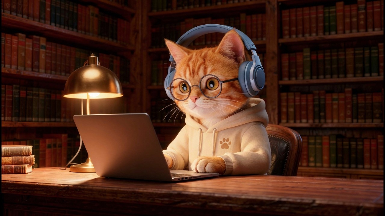 Relaxing Study Vibes | Animated Cat in Cozy Library with Soft Background Music