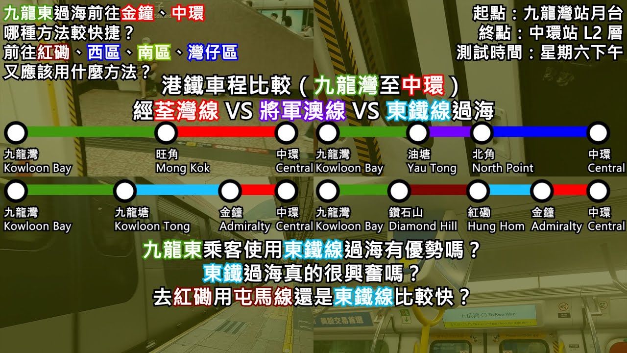 【港鐵車程比較#2】九龍東去紅磡、金鐘、中環用哪種方法較好？東鐵過海對九龍東乘客有優勢嗎？（九龍灣至中環：經荃灣線 VS 將軍澳線 VS 東鐵線過海）#一決雌雄 #車程比較