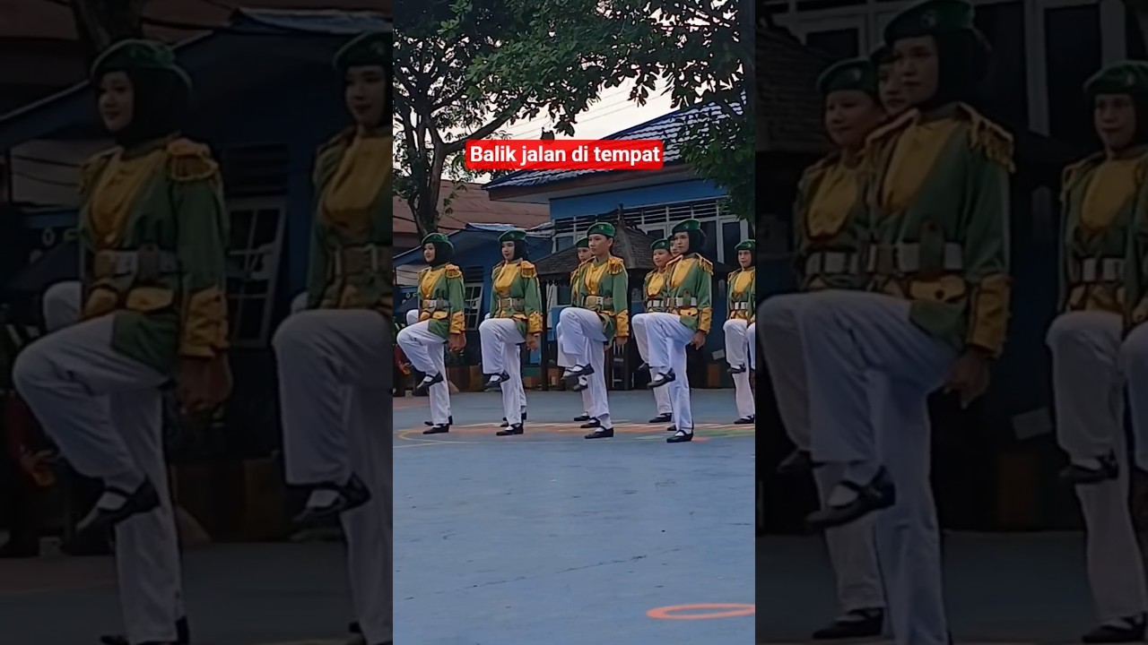 aba-aba hadap, balik kanan, dan jalan di tempat. serasi rapi terkendali sesuai posisi 
