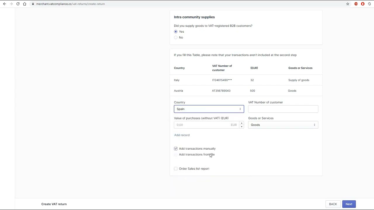 Intra Community Acquisitions and Supplies Filling Step 4