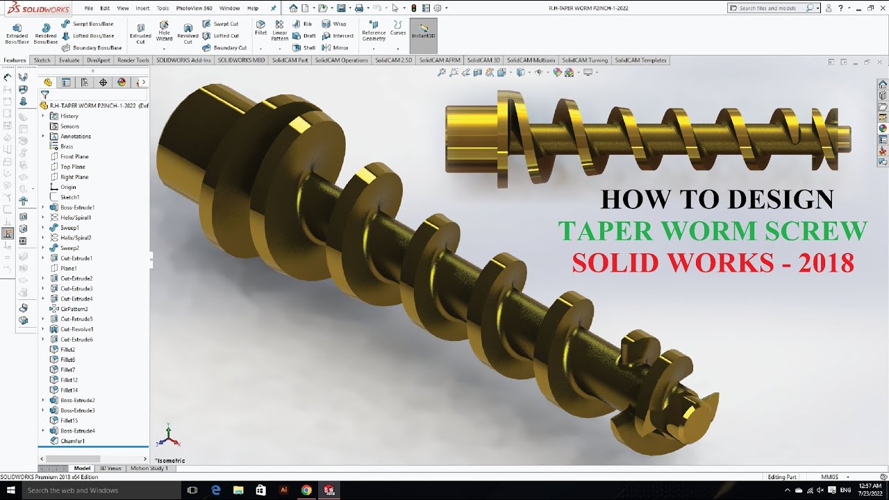 SolidWorks Tutorials Extruder Taper Worm Design/Screw Designing #solidworks #solidworkstutorial