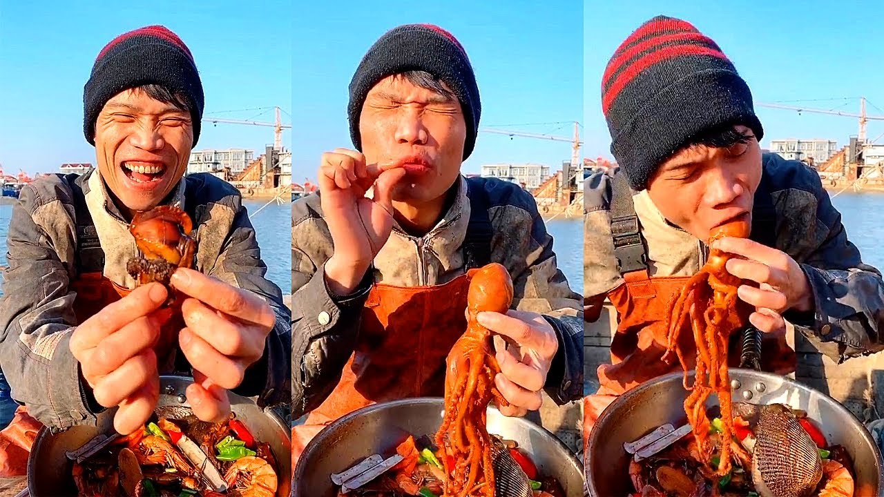Fishermen eating seafood dinners are too delicious 666 help you stir-fry seafood to broadcast live四三