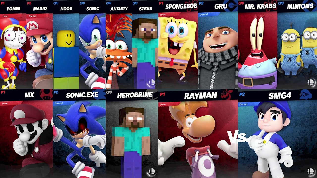 Team Sonic vs Mario and Pomni | Team Minions vs Team Spongebob in Super Smash Bros Ultimate