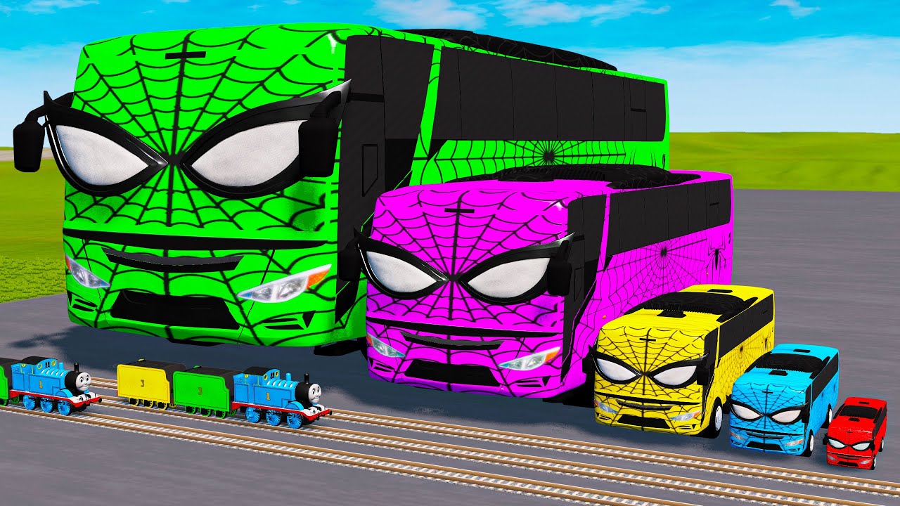 Big & Small Colors Buses Spiderman vs Train Thomas | BeamNG.Drive