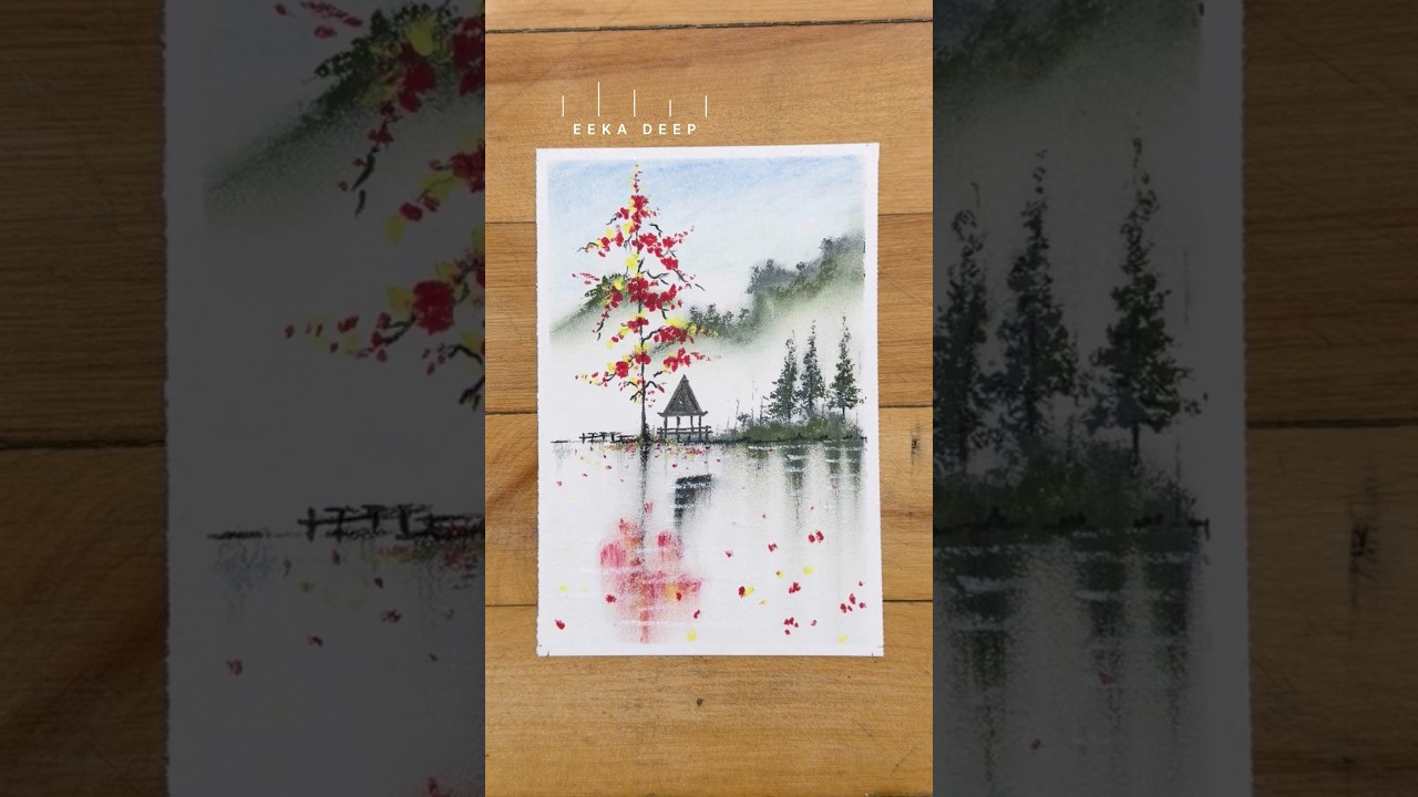 Peaceful Lake Cottage Landscape Drawing | Oil Pastel Art Process 🌿