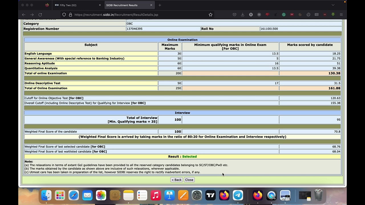 My SIDBI Grade A score Card, April 2022