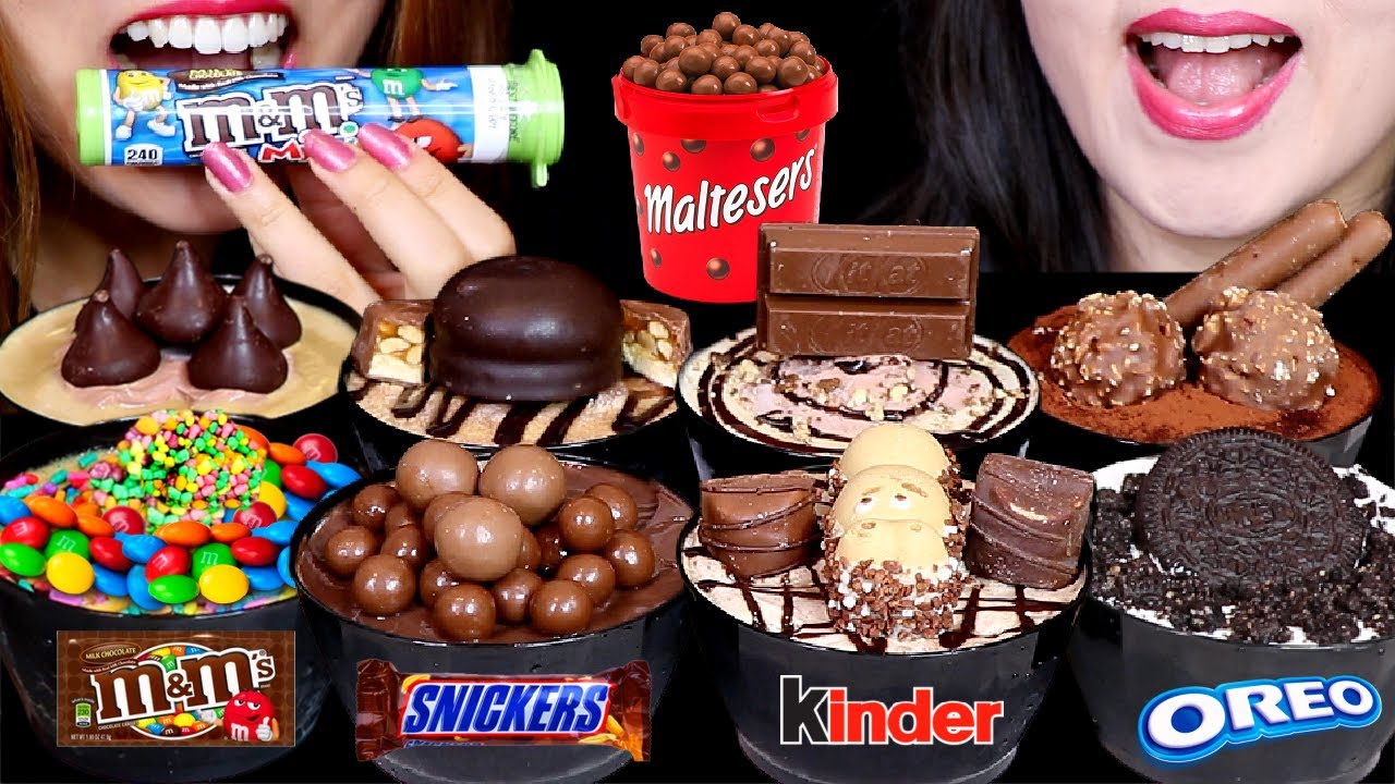 ASMR CHOCOLATE CAKE CUPS (MALTESERS, CARAMEL, OREO, FERRERO, M&M'S, SNICKERS, KINDER, MARSHMALLOW 먹방