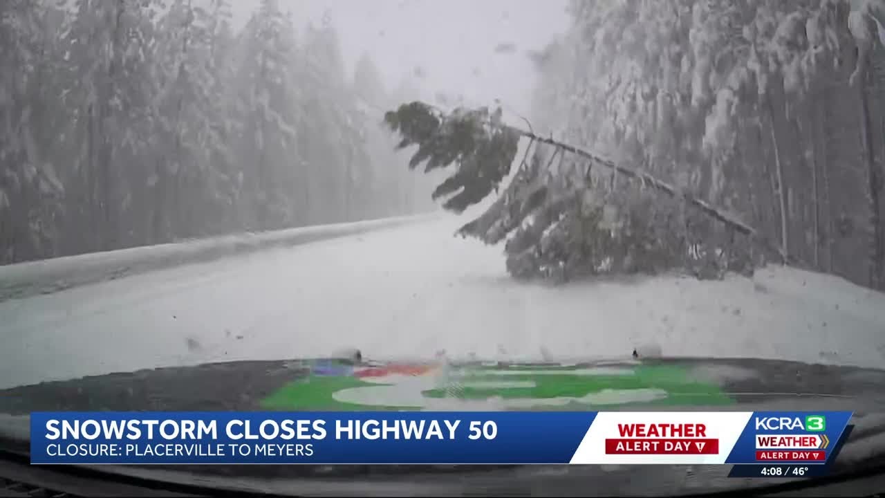 Snowstorm closes Highway 50, tree comes crashing down