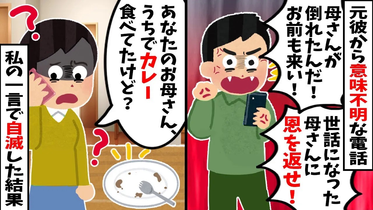 【スカッと】元彼「母が倒れた！恩を返せ！」→「あなたの母親？うちでカレー食べてたけど？」私の一言で自滅ｗ