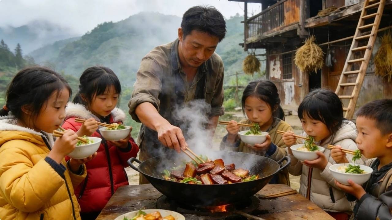 年幼的孩子帮爸爸熏腊肉，爸爸炒腊肉给他们改善伙食，孩子们吃的很香！#农村生活#vlog#山居生活