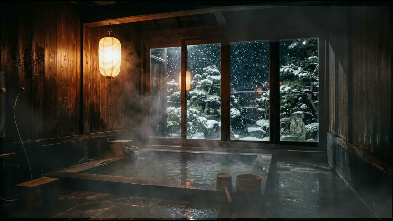 8 Hours  Moonlit Indoor Onsen for Deep Rest – Soft Steam, Quiet Snow, Warm Lantern Glow