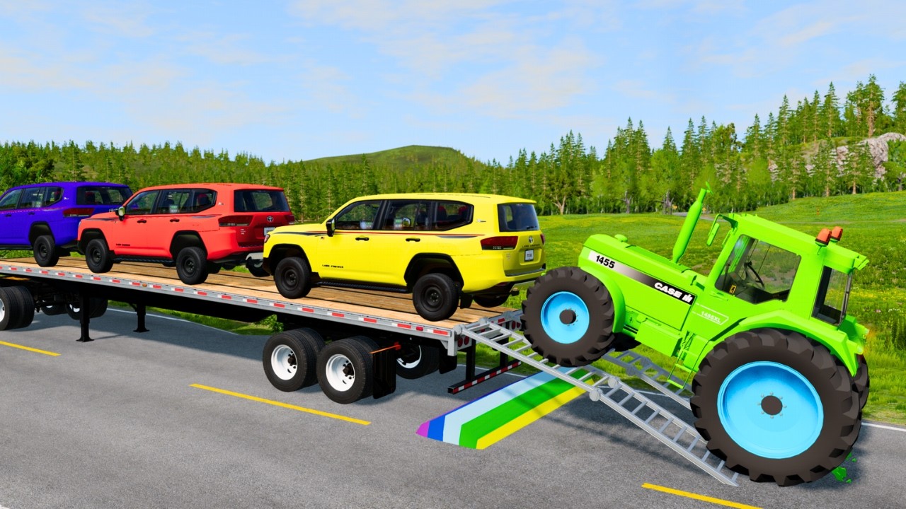 Double Flatbed Trailer Truck vs Speedbumps Train vs Cars | Tractor vs Train Beamng.Drive #21