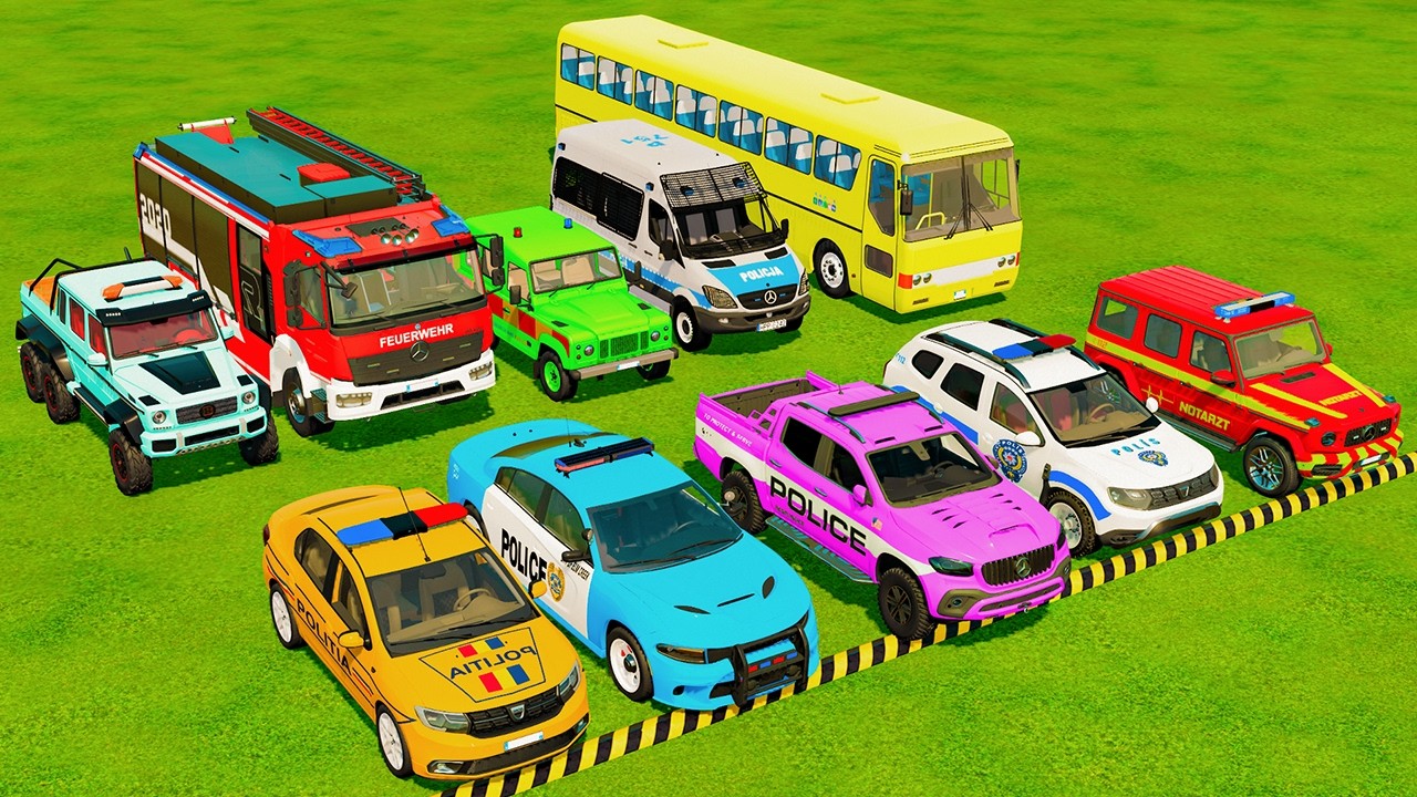 TRANSPORTING COLORFUL CARS, AMBULANCE, POLICE & FIRE TRUCKS | FS22