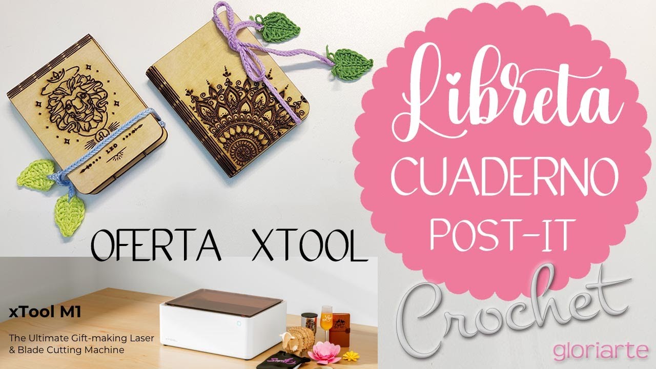Espiga y Hojas Ganchillo Libreta o Cuaderno XTool M1. Herringbone Cord & Crochet Leaves for Notebook
