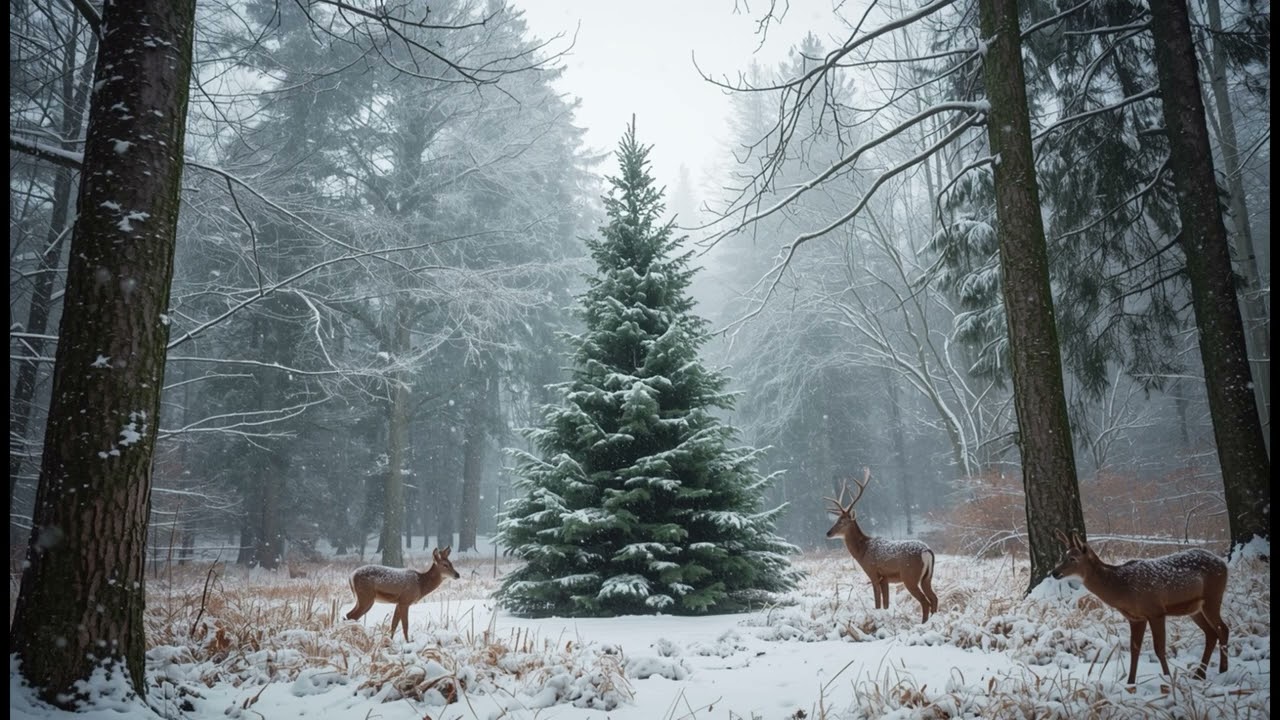 Snowy  Christmas Ambiance. Winter Deer Gathering – Peaceful Static TV Scene | Cozy Ambient Nature