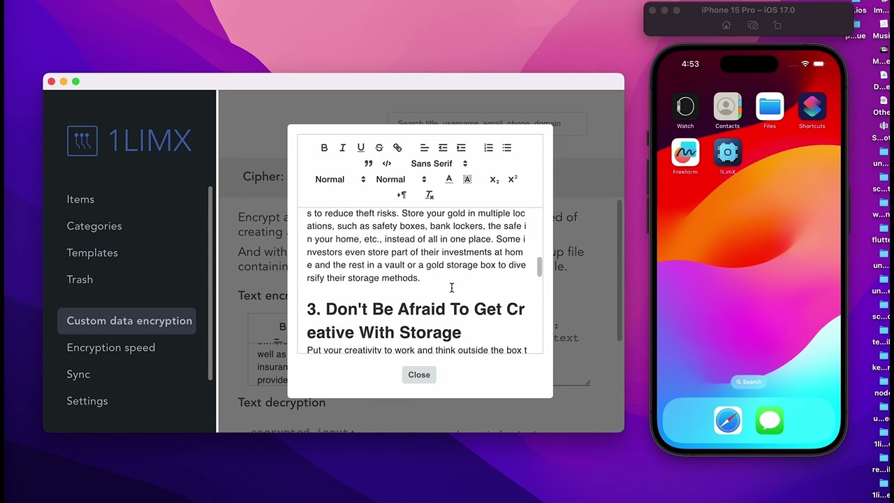 Custom rich text,  notes, messages encryption - ChaCha20-Poly1305 wrong encryption key input